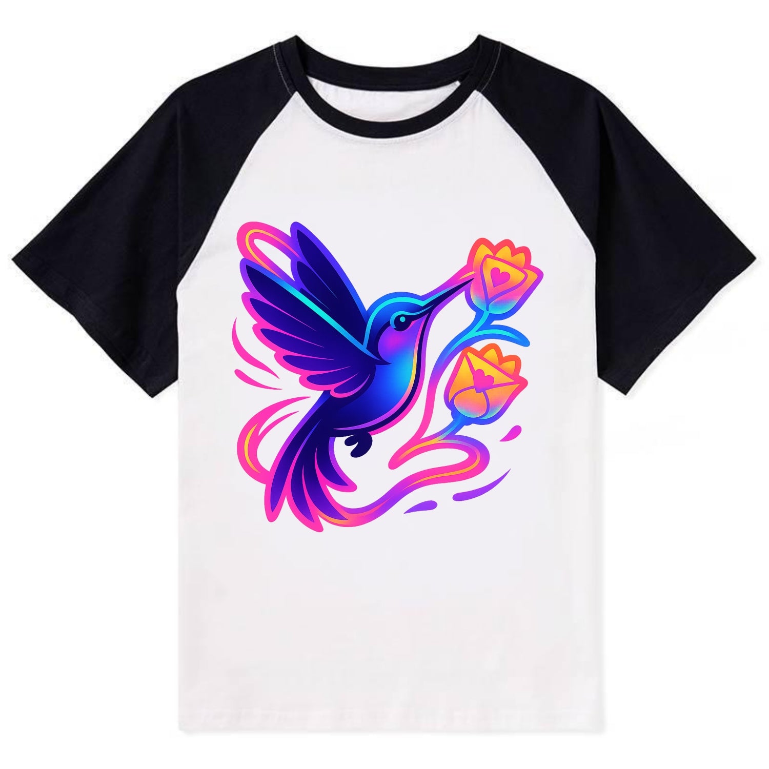 Hummingbird delivering miniature love letters tucked inside flower - Contrast Raglan T-shirt - Black