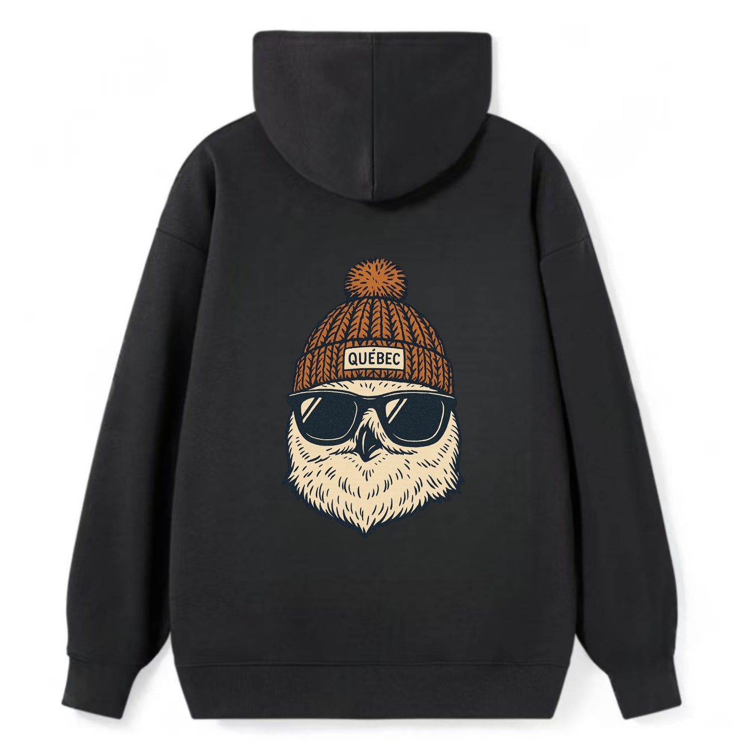 Quebec City Snowy Owl wearing Quebec beanie with pom pom and wayfarer - Classic Pullover Hoodie - Black