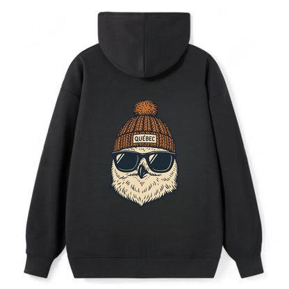 Quebec City Snowy Owl wearing Quebec beanie with pom pom and wayfarer - Classic Pullover Hoodie - Black
