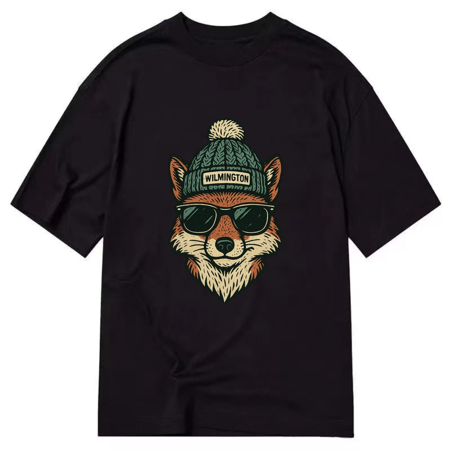Delaware Gray Fox wearing Wilmington beanie with pom pom and wayfarer sunglasses - Classic T-shirt - Black