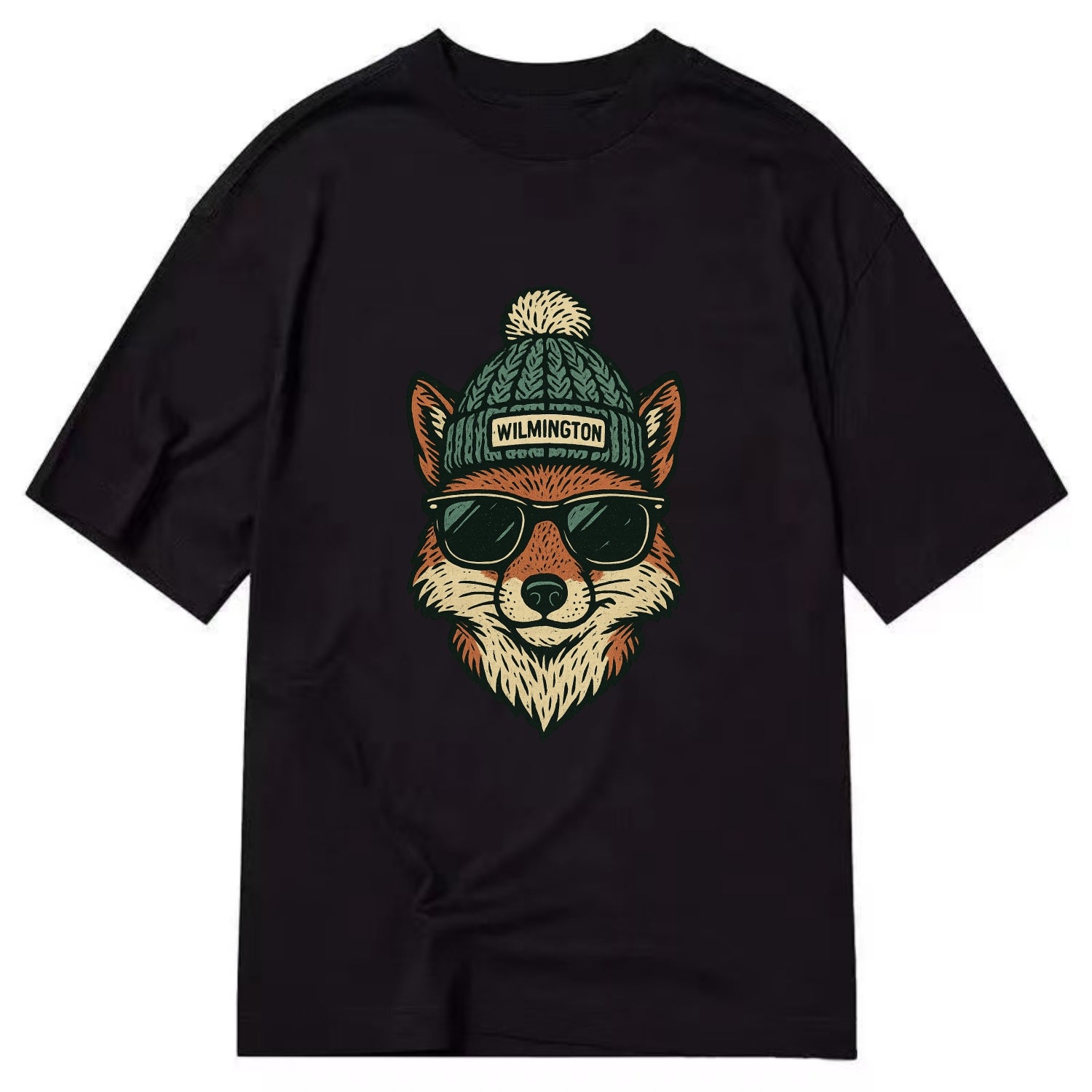 Delaware Gray Fox wearing Wilmington beanie with pom pom and wayfarer sunglasses - Classic T-shirt - Black