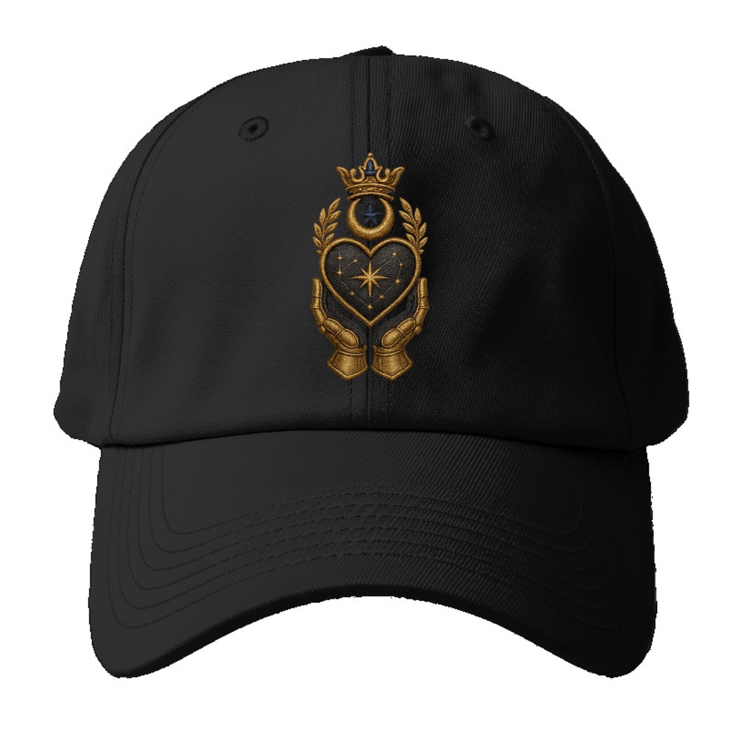 Crowned heart with Art Deco sunburst crown and geometric filigree hands cradling the - Baseball Cap - Black
