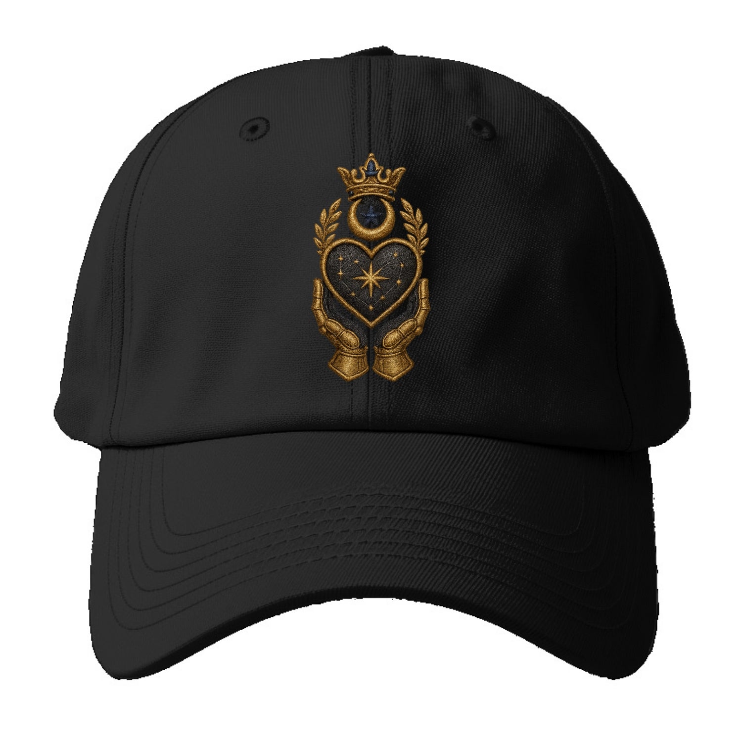 Crowned heart with Art Deco sunburst crown and geometric filigree hands cradling the - Baseball Cap - Black