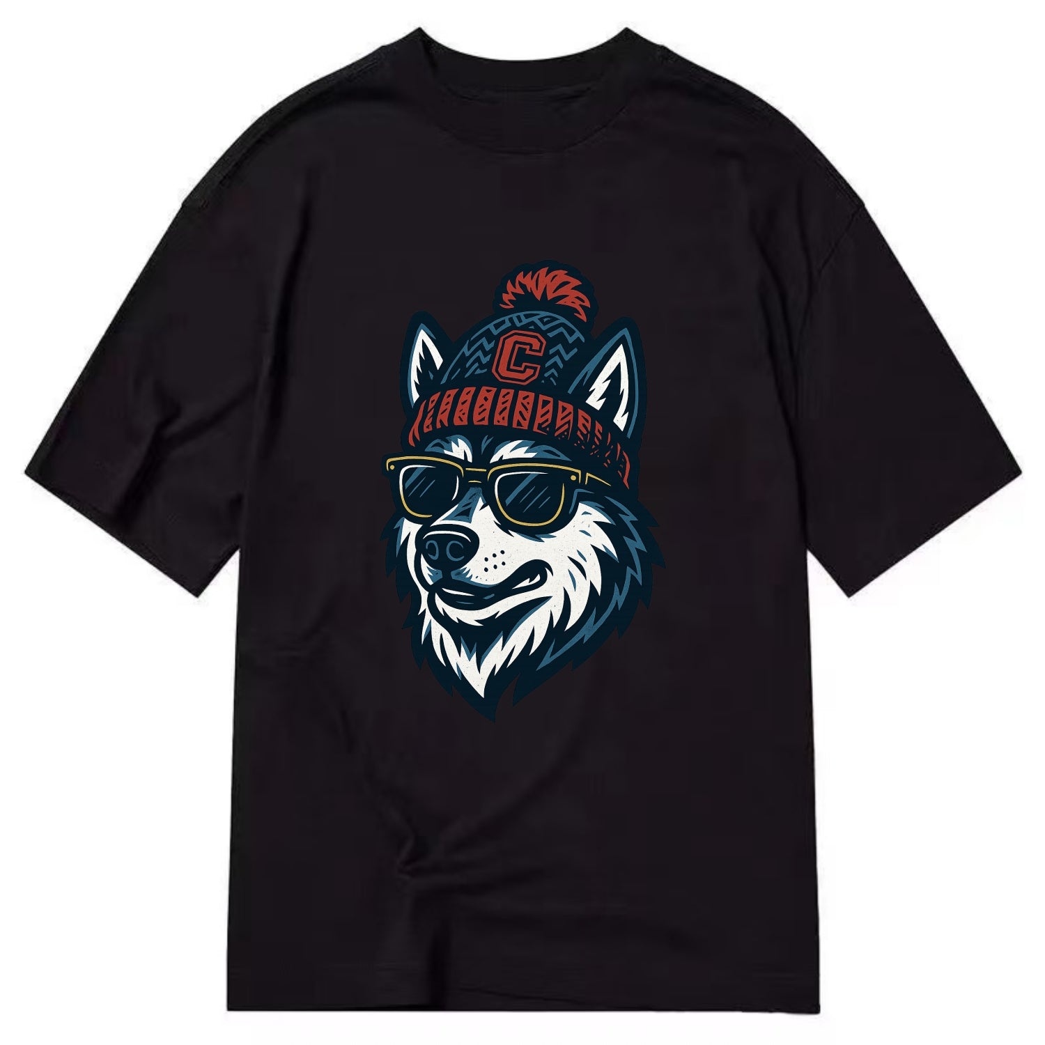 Storrs Husky wearing UConn beanie with C patch - Classic T-shirt - Black