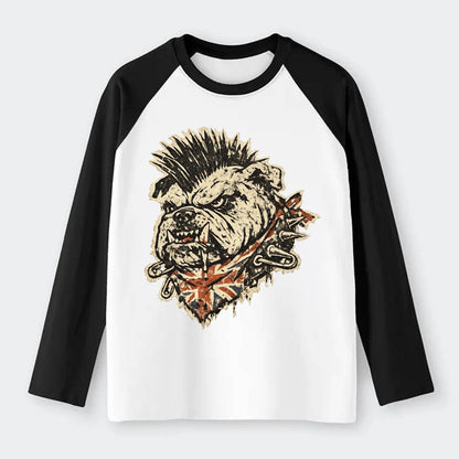 PUNK BULLDOG | British bulldog with mohawk | Safety pins through - Raglan Long Sleeve T-Shirt - Black