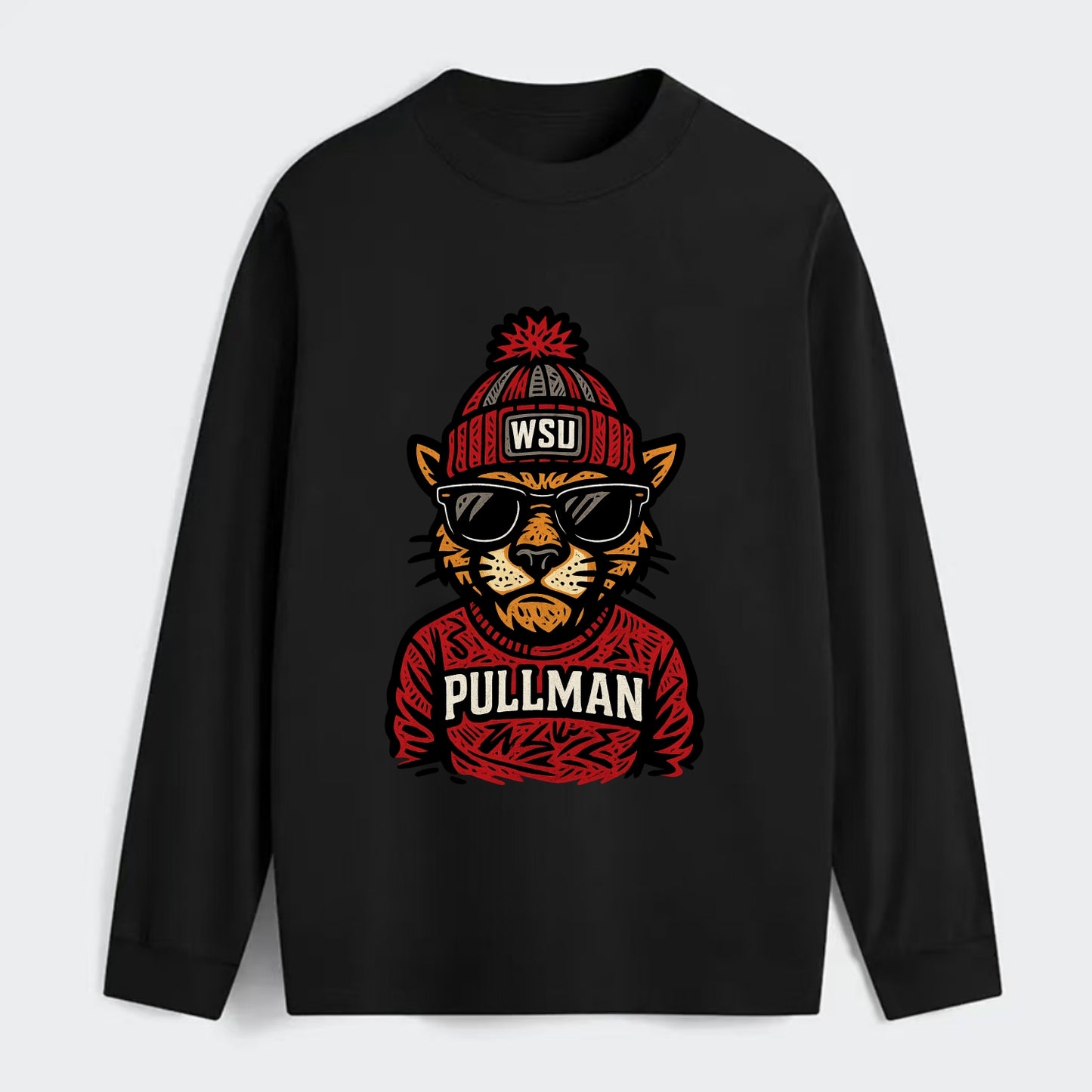 Pullman Cougar wearing Washington State beanie with WSU patch - Classic Long Sleeve Shirt - Black