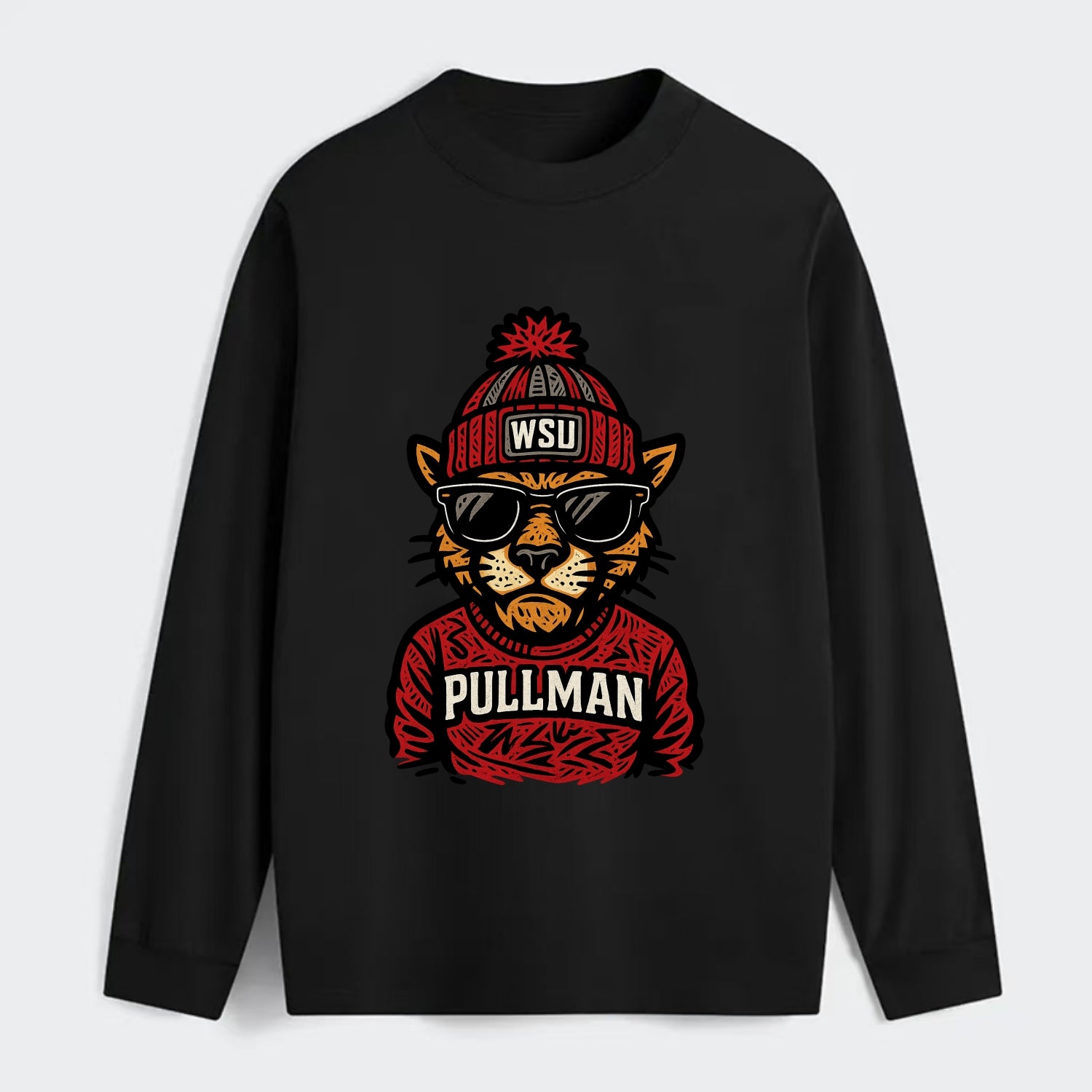 Pullman Cougar wearing Washington State beanie with WSU patch - Classic Long Sleeve Shirt - Black