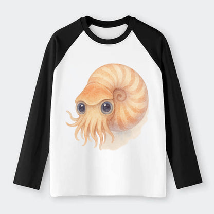 Baby Nautilus - spiral shell, tentacles peeking, ancient eyes, - Raglan Long Sleeve T-Shirt - Black