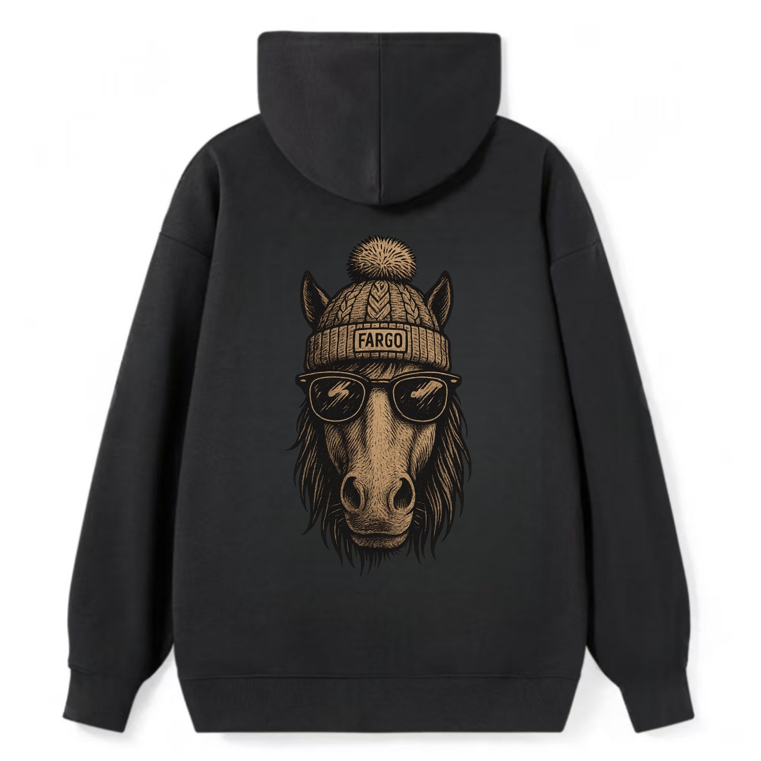 North Dakota Nokota Horse wearing Fargo beanie with pom pom and wayfarer - Classic Pullover Hoodie - Black