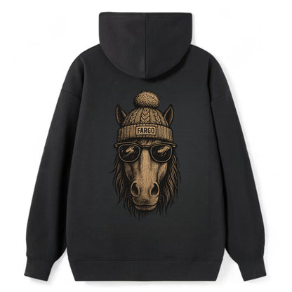 North Dakota Nokota Horse wearing Fargo beanie with pom pom and wayfarer - Classic Pullover Hoodie - Black