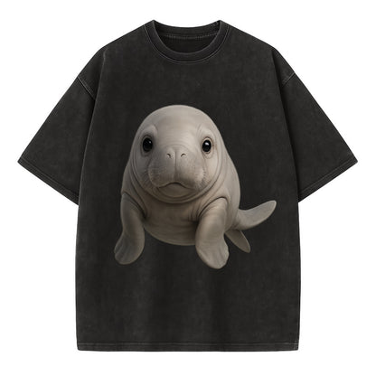 Baby Dugong - gray with paddle tail, gentle expression, whiskers, front-facing, - Vintage T-shirt - Black