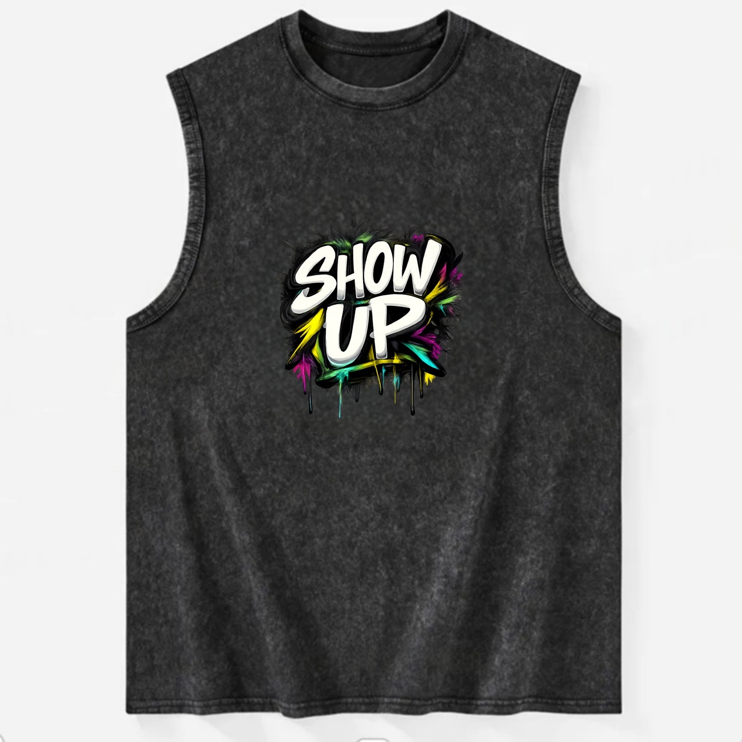 Bold typography design - "SHOW UP" - be present, arrive ready - Vintage Washed Tank - Black