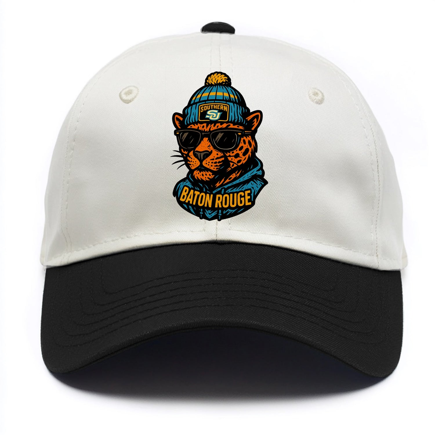 Baton Rouge Jaguar wearing Southern beanie with SU patch - Two Tone Cap - Black