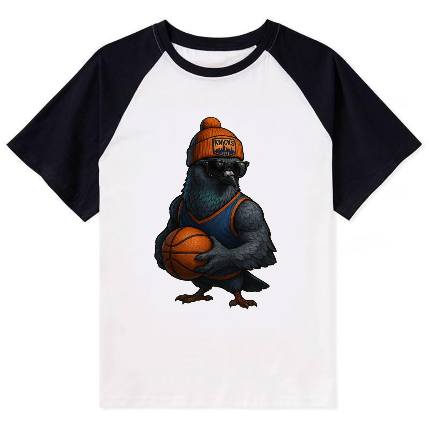 Manhattan Pigeon wearing Knicks beanie with skyline patch and wayfarer - Contrast Raglan T-shirt - Black