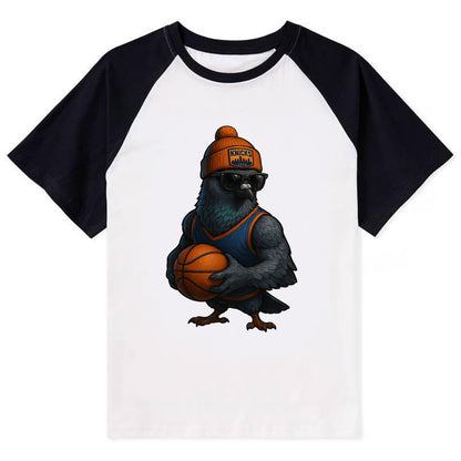 Manhattan Pigeon wearing Knicks beanie with skyline patch and wayfarer - Contrast Raglan T-shirt - Black