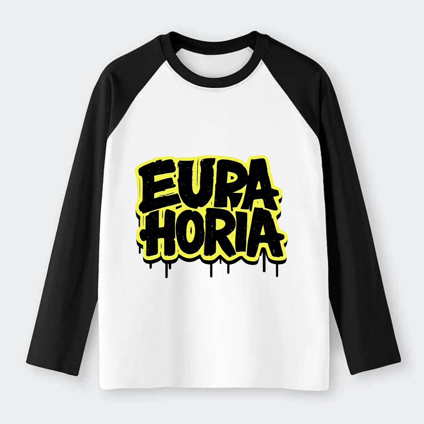 Bold typography design - "EUPHORIA" - intense happiness, ecstasy - Raglan Long Sleeve T-Shirt - Black