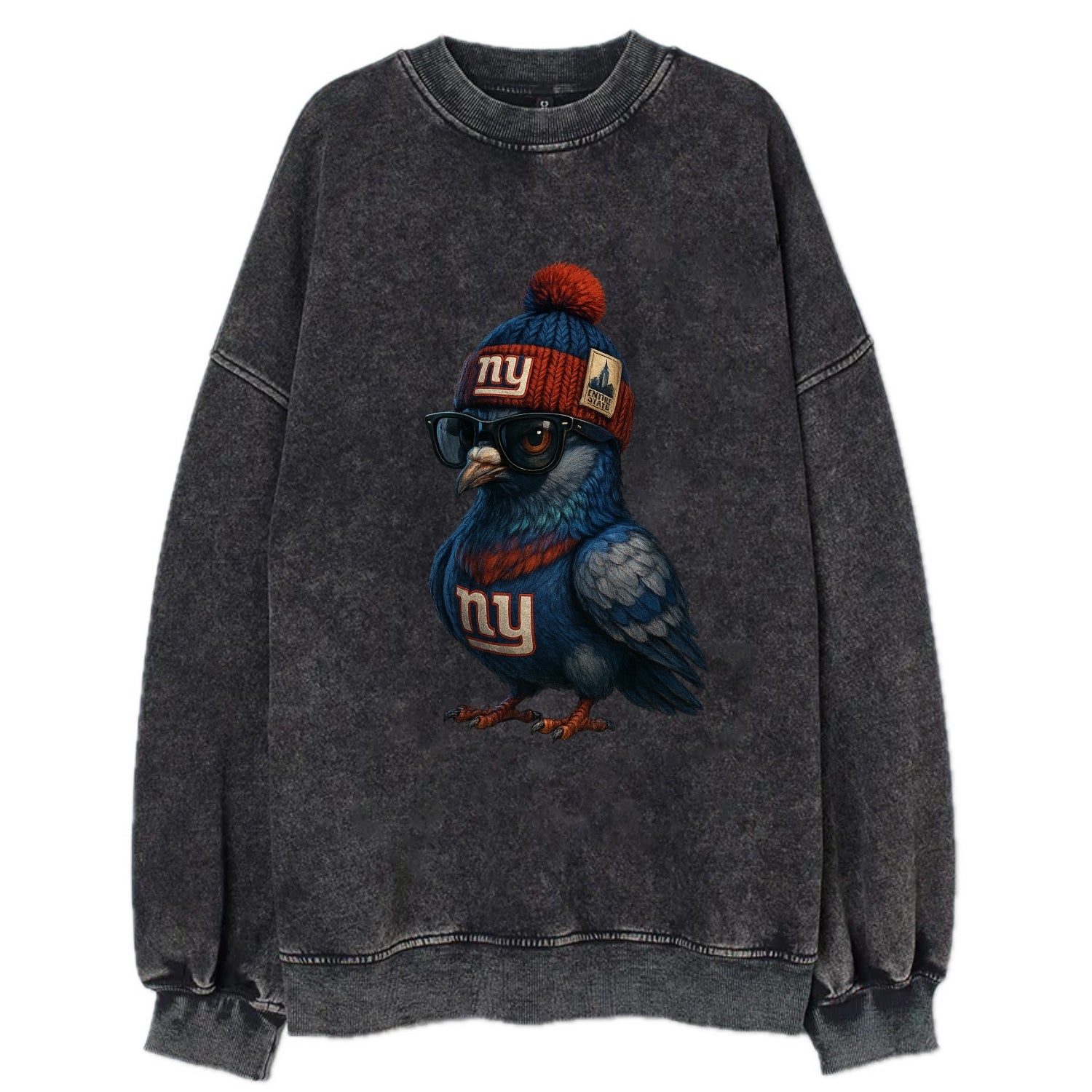 Manhattan Pigeon wearing Giants beanie with Empire State patch and wayfarer - Vintage Sweatshirt - Black