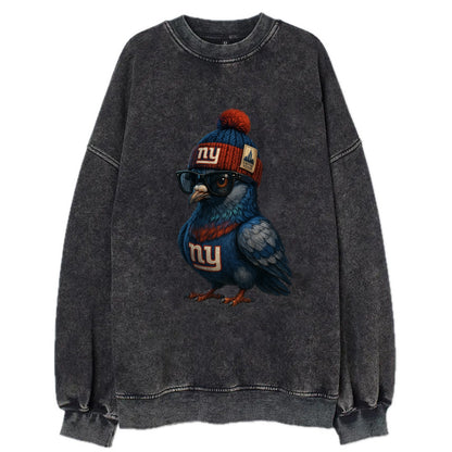 Manhattan Pigeon wearing Giants beanie with Empire State patch and wayfarer - Vintage Sweatshirt - Black