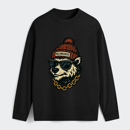 Milwaukee Badger wearing Milwaukee beanie with pom pom and wayfarer - Classic Long Sleeve Shirt - Black