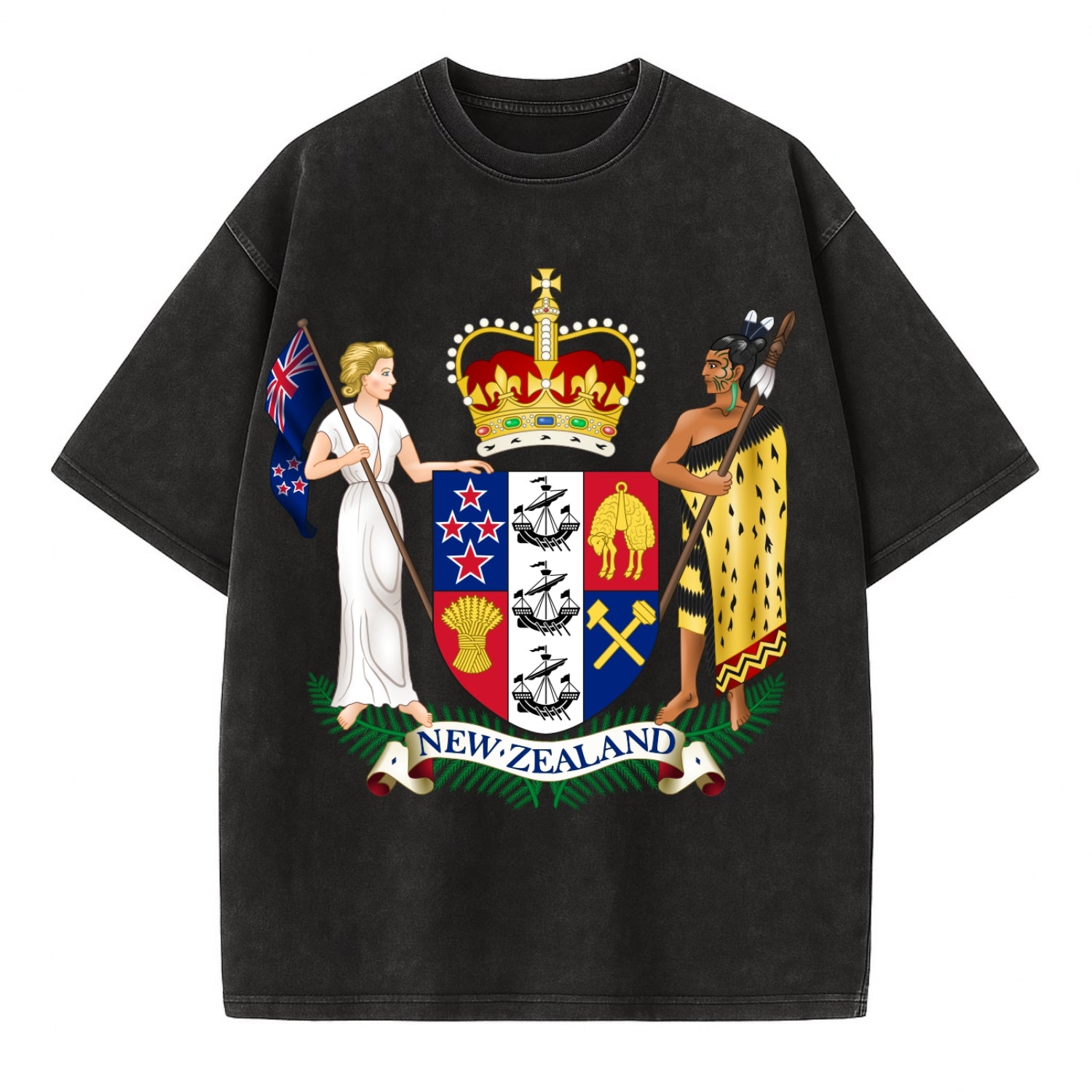 Coat Of Arms Of New Zealand - Vintage T-shirt - Black