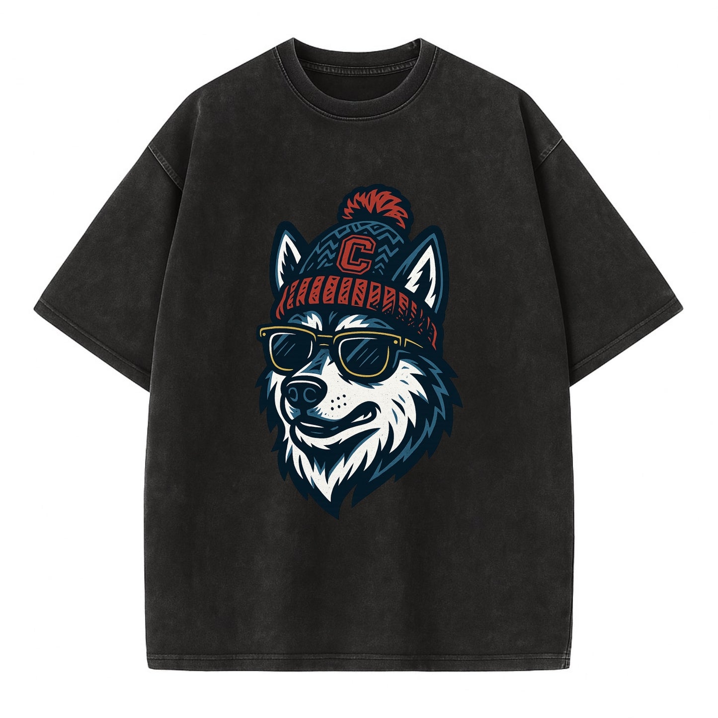 Storrs Husky wearing UConn beanie with C patch - Vintage T-shirt - Black