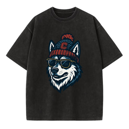 Storrs Husky wearing UConn beanie with C patch - Vintage T-shirt - Black