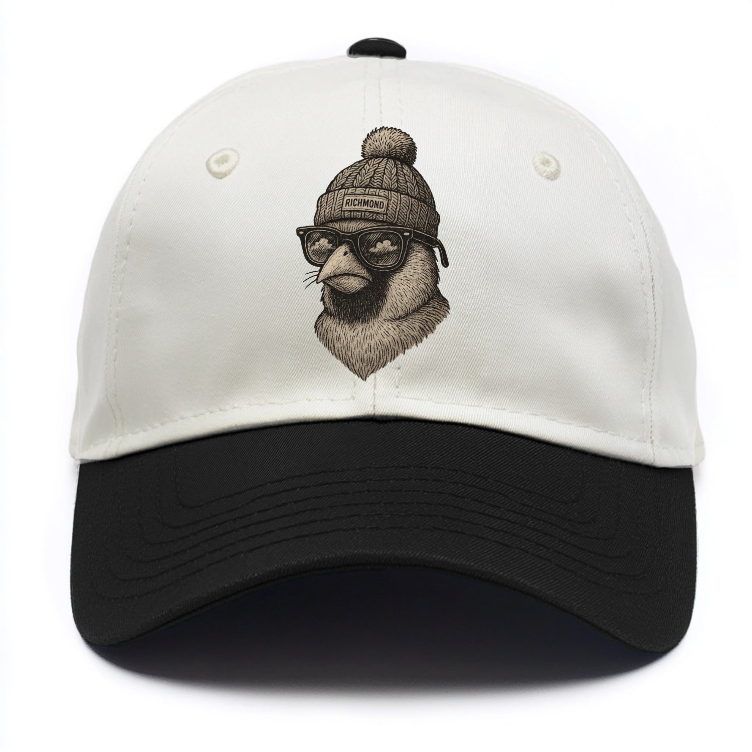 Virginia Cardinal wearing Richmond beanie with pom pom and wayfarer sunglasses - Two Tone Cap - Black