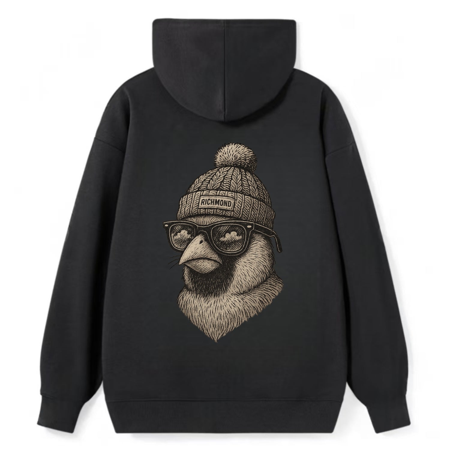 Virginia Cardinal wearing Richmond beanie with pom pom and wayfarer - Classic Pullover Hoodie - Black
