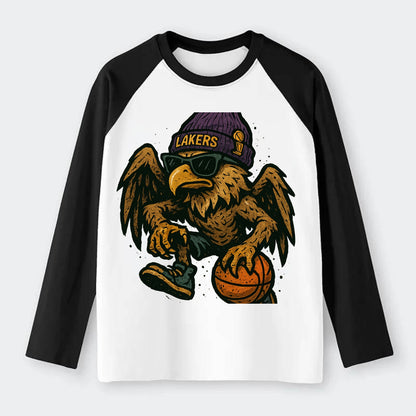 Los Angeles Golden Eagle wearing Lakers beanie with trophy patch and - Raglan Long Sleeve T-Shirt - Black