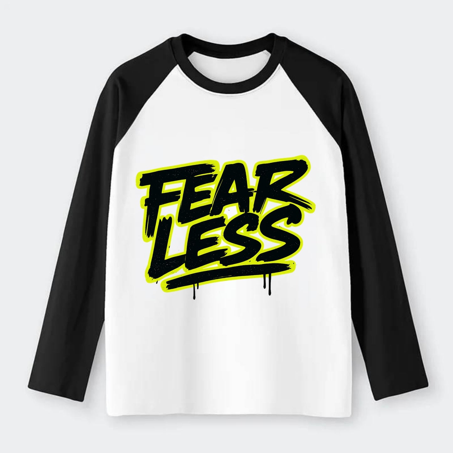 Bold typography design - "FEARLESS" - courage, bravery, facing - Raglan Long Sleeve T-Shirt - Black