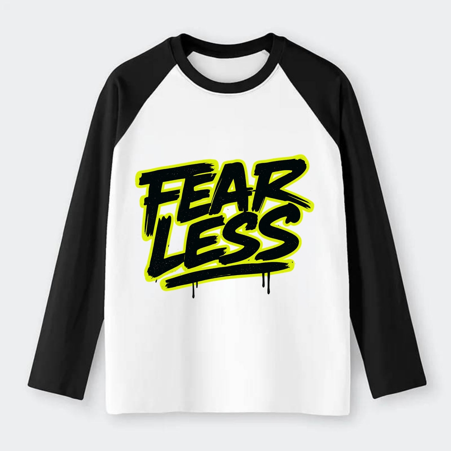 Bold typography design - "FEARLESS" - courage, bravery, facing - Raglan Long Sleeve T-Shirt - Black