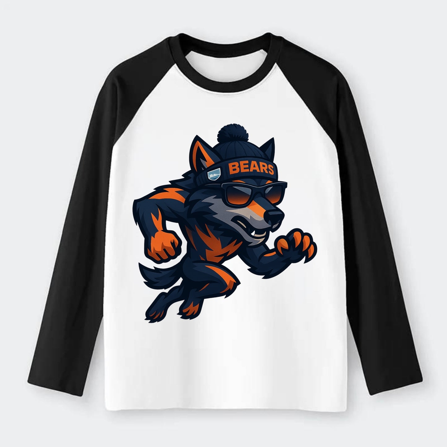 Chicago Wolf wearing Bears beanie with Lake Michigan patch and - Raglan Long Sleeve T-Shirt - Black