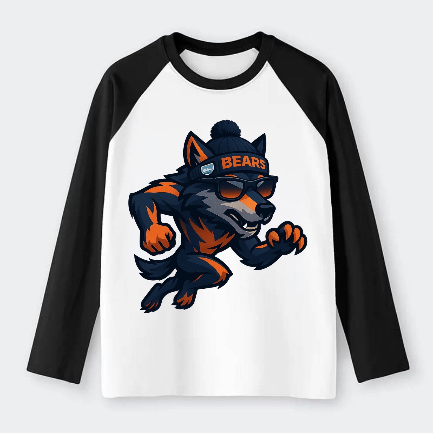Chicago Wolf wearing Bears beanie with Lake Michigan patch and - Raglan Long Sleeve T-Shirt - Black