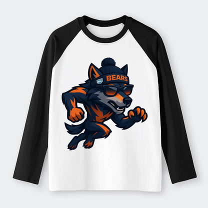 Chicago Wolf wearing Bears beanie with Lake Michigan patch and - Raglan Long Sleeve T-Shirt - Black