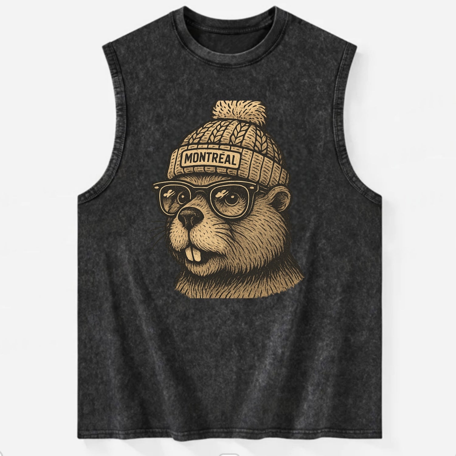 Montreal Beaver wearing Montreal beanie with pom pom and wayfarer sunglasses - Vintage Washed Tank - Black