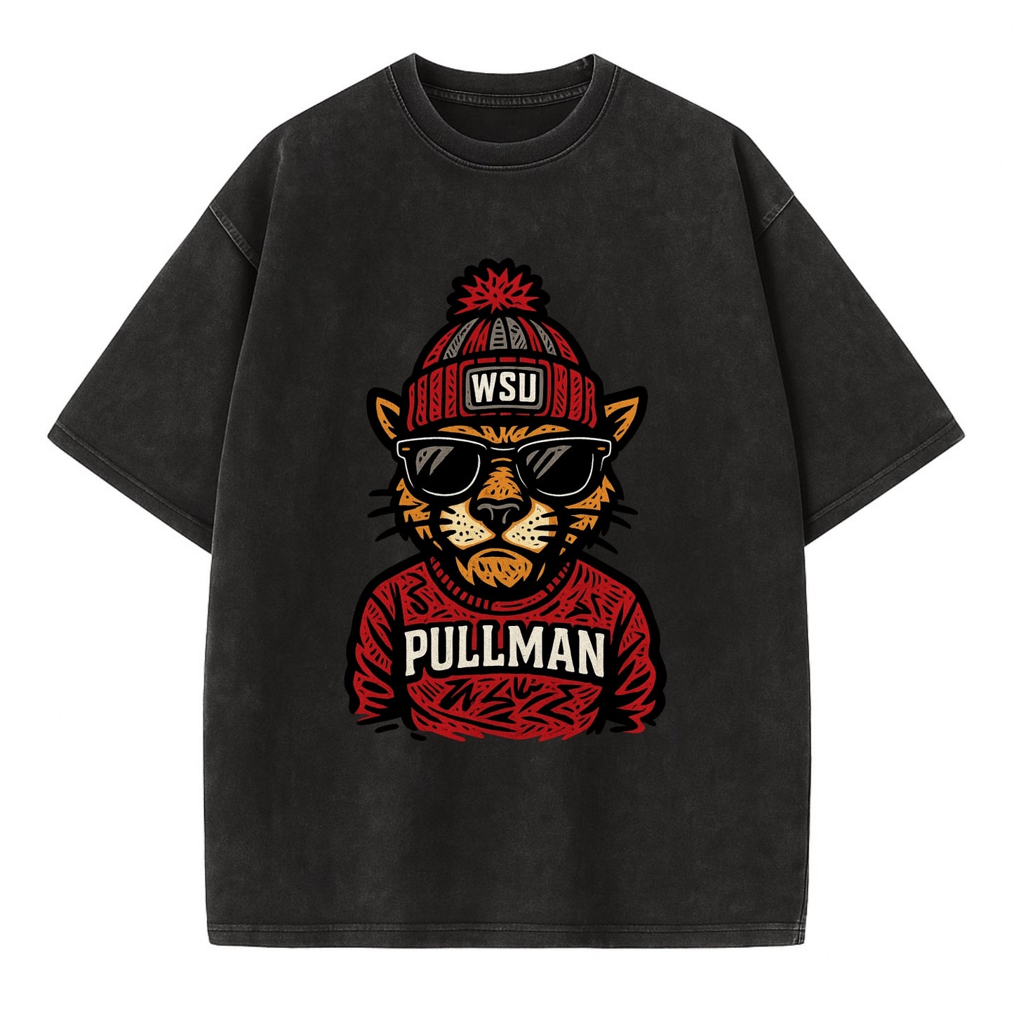 Pullman Cougar wearing Washington State beanie with WSU patch - Vintage T-shirt - Black