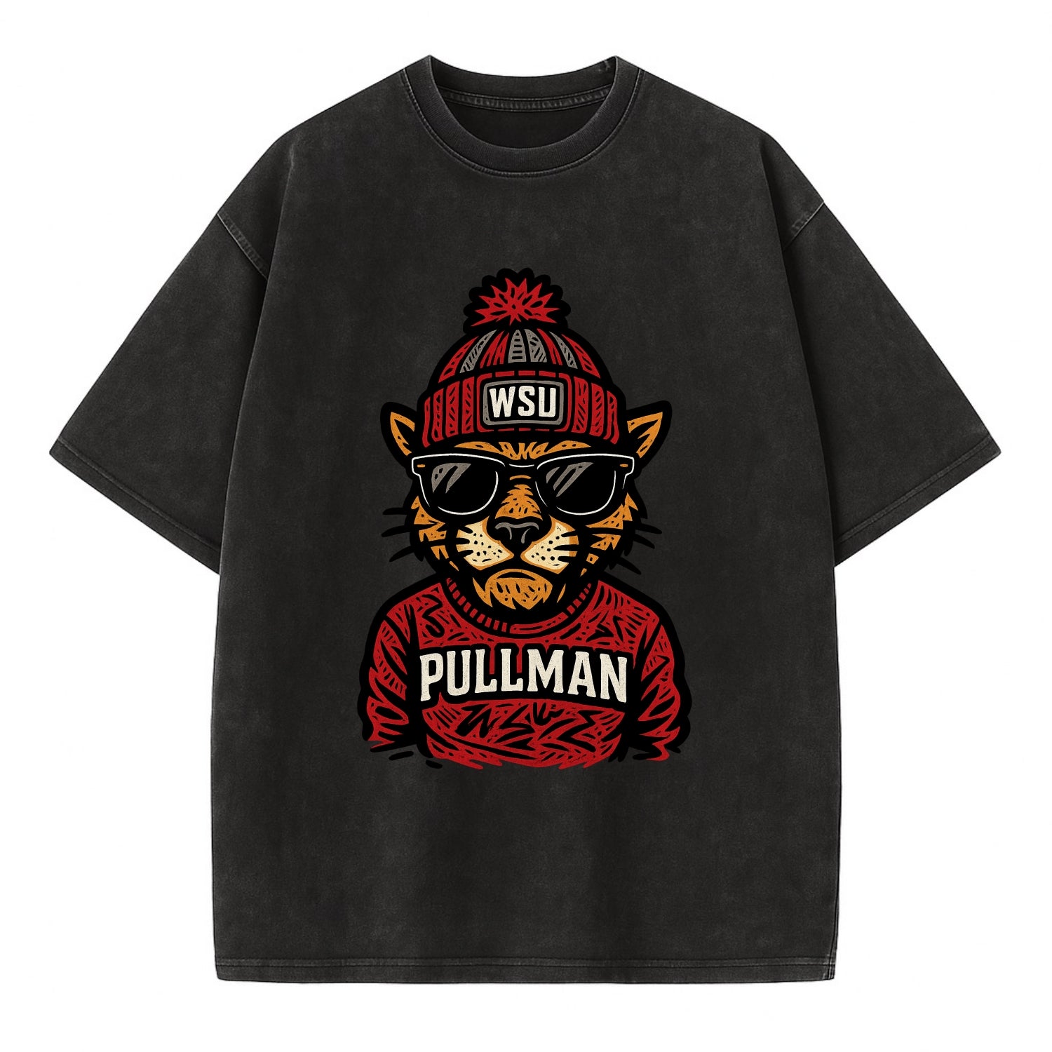 Pullman Cougar wearing Washington State beanie with WSU patch - Vintage T-shirt - Black
