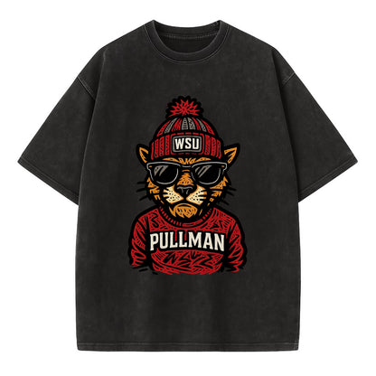 Pullman Cougar wearing Washington State beanie with WSU patch - Vintage T-shirt - Black