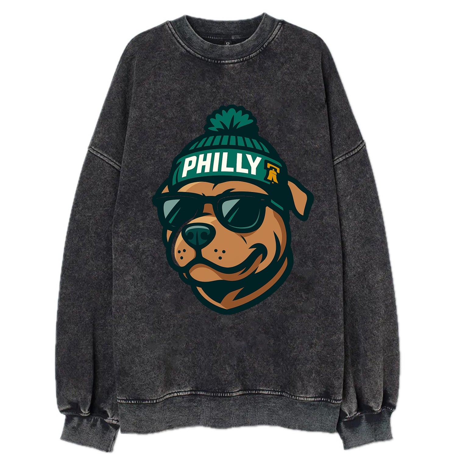 Philly Pitbull wearing Eagles beanie with Liberty Bell patch and wayfarer - Vintage Sweatshirt - Black