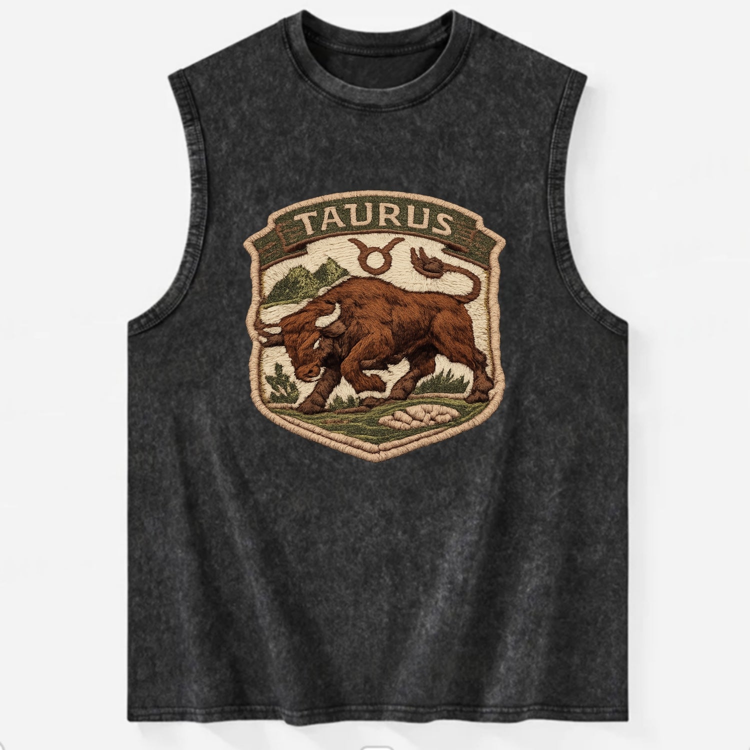 TAURUS BULL - strong bull in brown and green , earth sign - Vintage Washed Tank - Black