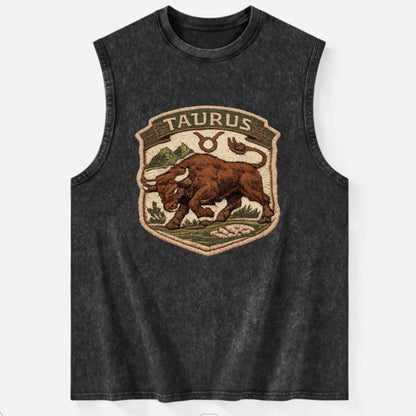 TAURUS BULL - strong bull in brown and green , earth sign - Vintage Washed Tank - Black