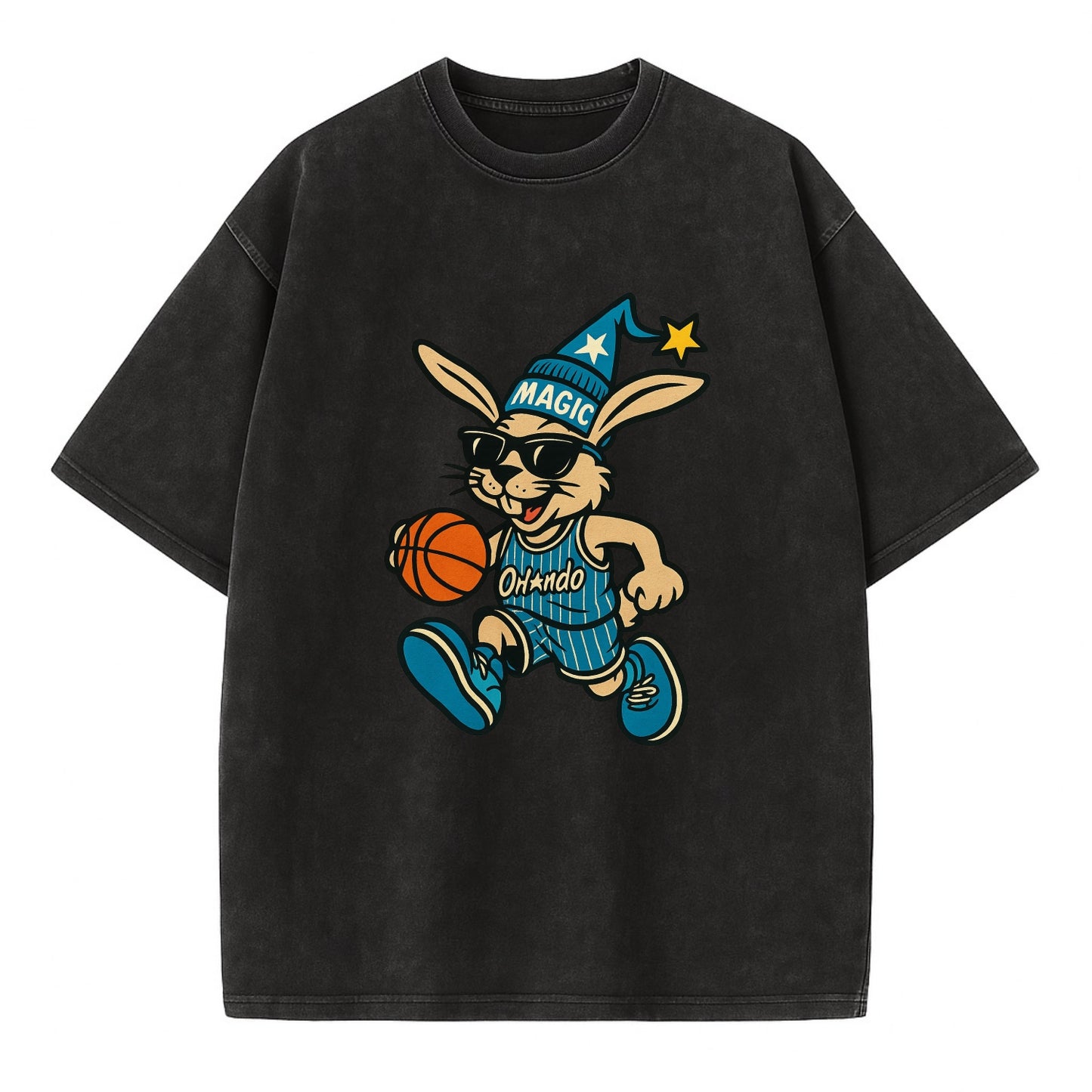Orlando Rabbit wearing Magic blue and silver beanie with wizard hat and wayfarer - Vintage T-shirt - Black