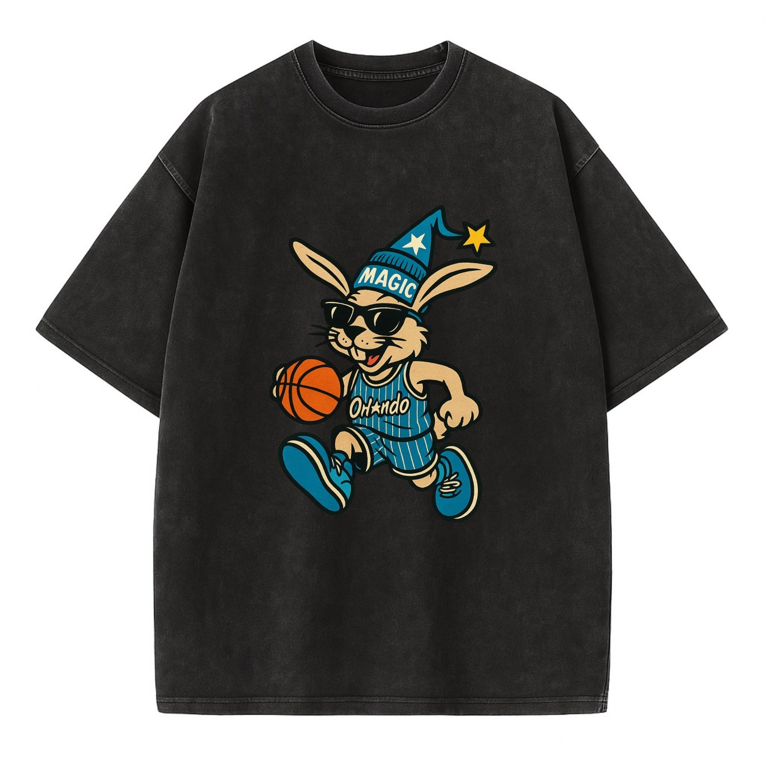 Orlando Rabbit wearing Magic blue and silver beanie with wizard hat and wayfarer - Vintage T-shirt - Black