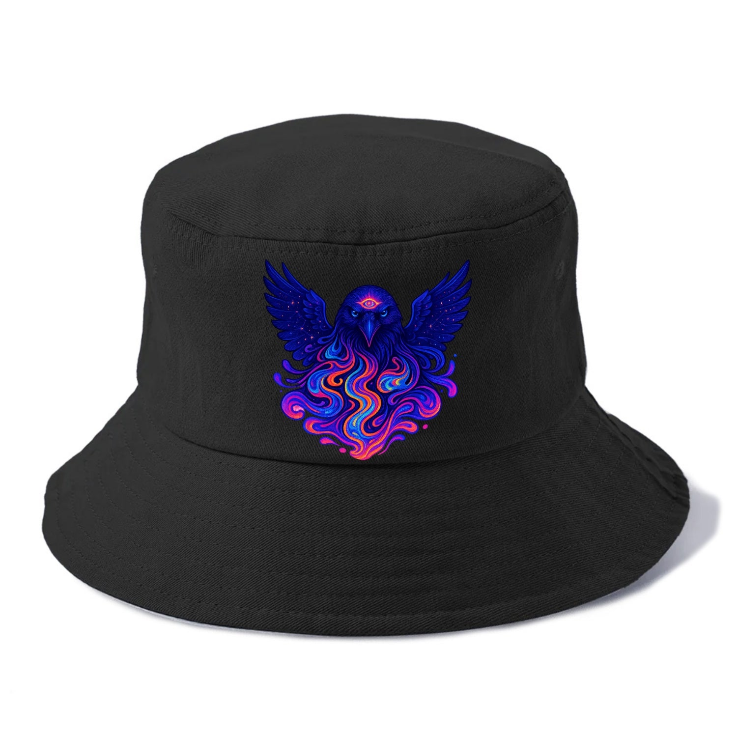 Mysterious raven with feathers showing future visions in neon colors, wings spread - Bucket Hat - Black