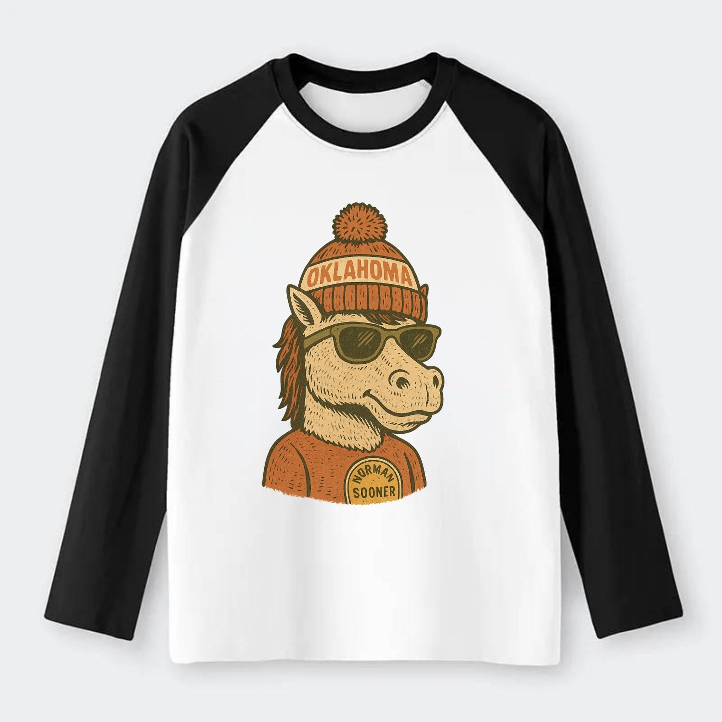 Norman Sooner Horse wearing Oklahoma bea - Raglan Long Sleeve T-Shirt - Black