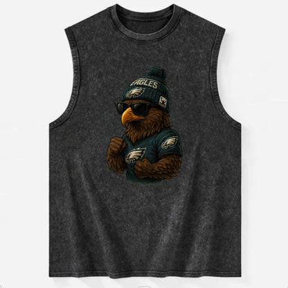 Philly Hawk wearing Eagles beanie with Rocky patch and wayfarer sunglasses - Vintage Washed Tank - Black