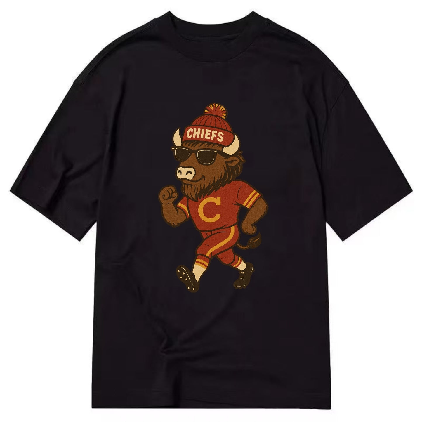KC Bison wearing Chiefs beanie with arrowhead patch and wayfarer sunglasses - Classic T-shirt - Black