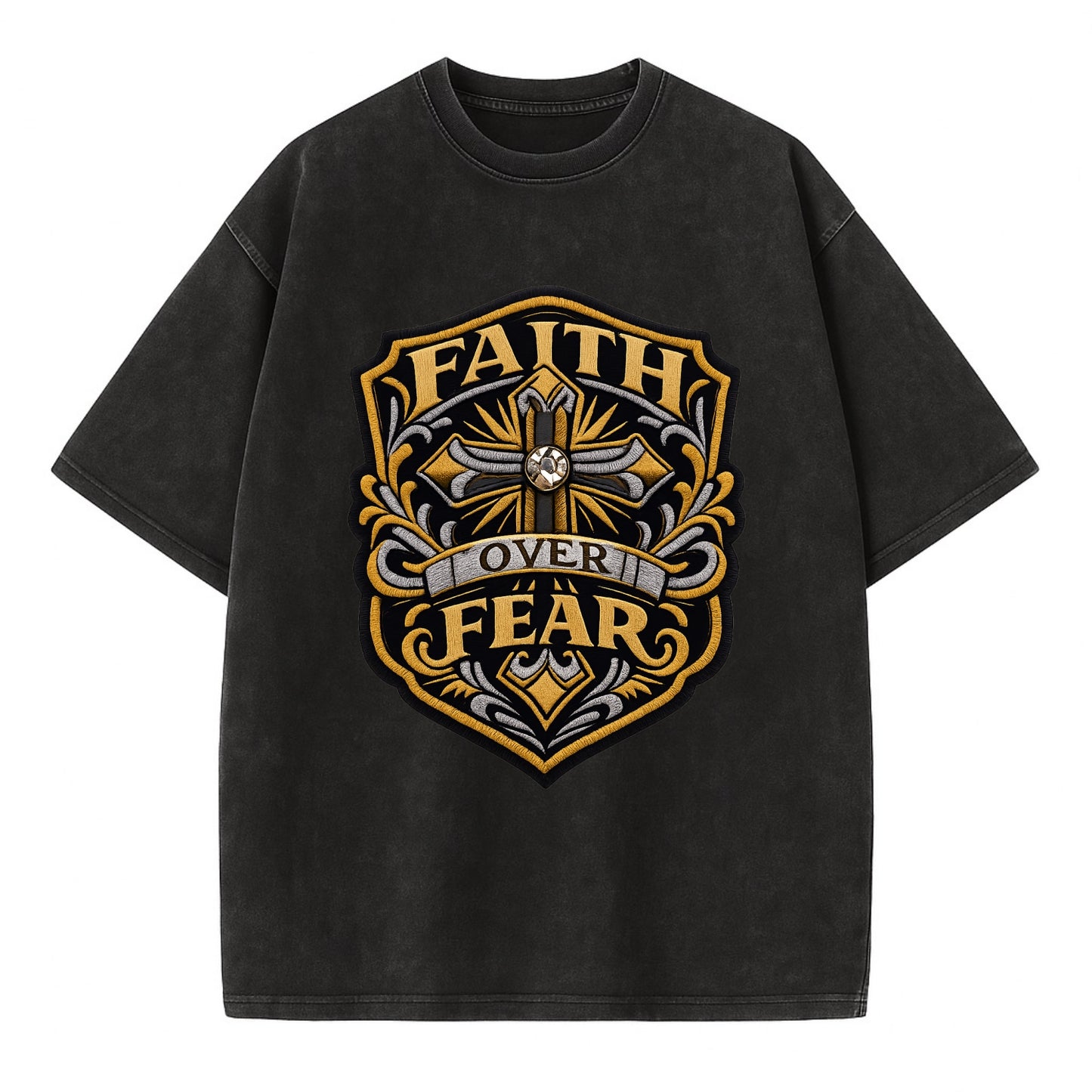 FAITH OVER FEAR - cross with text in gold , spiritual strength - Vintage T-shirt - Black