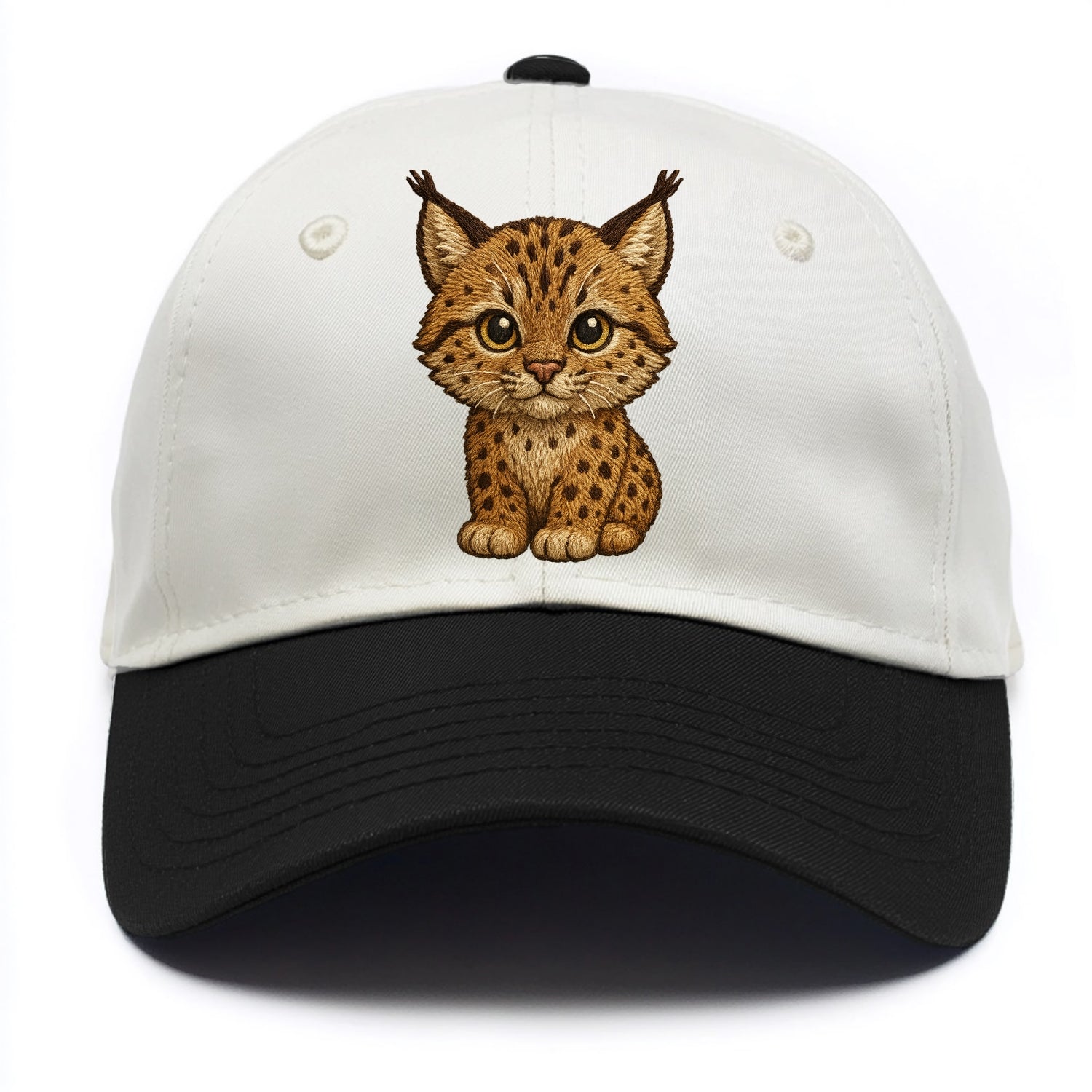 Baby Lynx Cub - tufted ears, spotted fur, golden eyes, front-facing, wild baby - Two Tone Cap - Black