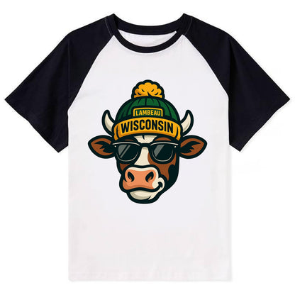 Wisconsin Cow wearing Packers beanie with Lambeau patch and wayfarer - Contrast Raglan T-shirt - Black